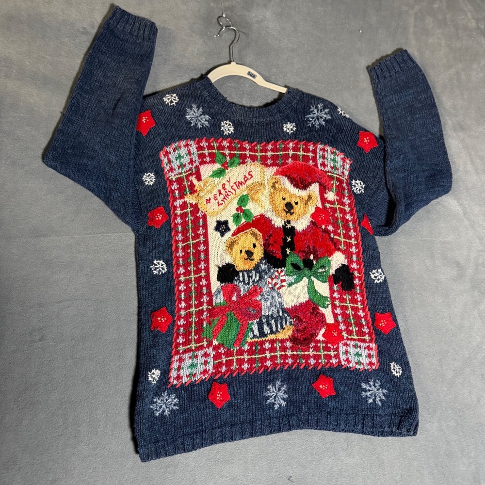 Heirloom Collectibles Christmas Teddy Bear Sweater Navy Blue Petite Large PL